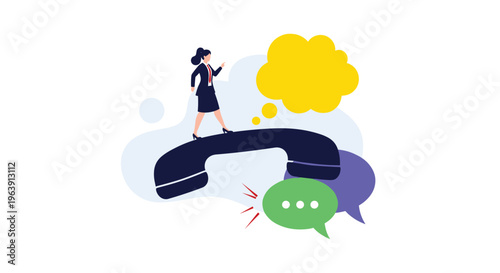 Businesswoman walking carefully along the top of a giant black telephone handset with colorful speech bubbles below.