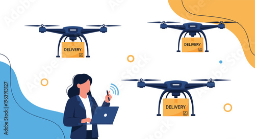 Professional female operator using a laptop to control three autonomous delivery drones carrying brown cardboard packages.