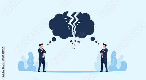 Two professional men standing with crossed arms facing away from each other with a shattered dark thought bubble.