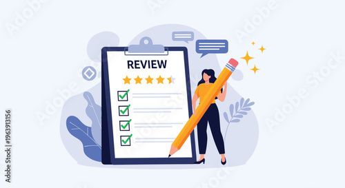 Successful woman holding a large yellow pencil next to a clipboard showing a five-star review and check marks.