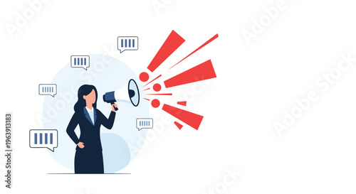 Professional woman shouting through a megaphone with large red exclamation marks coming out to grab attention.