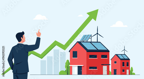 Businessman pointing at a green growth arrow over eco houses with solar panels and wind turbines, representing renewable energy success.