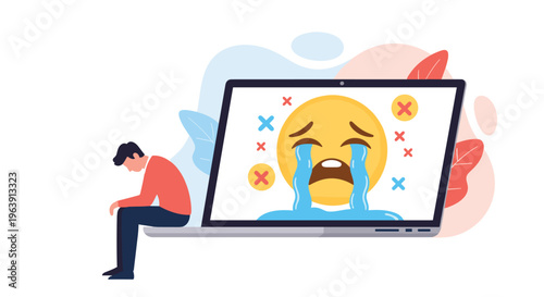 Depressed male sitting on a giant laptop with a crying emoji on the screen, illustrating cyberbullying, online harassment, or tech failure.