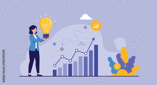 Business professional holding a glowing lightbulb next to a rising bar chart, symbolizing innovative ideas driving company financial growth.