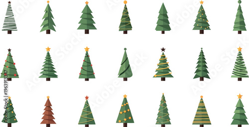 Collection of flat Christmas trees with stars and ornaments holiday winter decoration festive