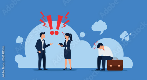Stressed employee sitting on a suitcase while colleagues argue with red exclamation marks, representing toxic workplace culture and conflict.