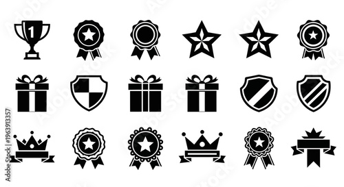 Collection of 16 black and white icons representing awards gifts and symbols of achievement