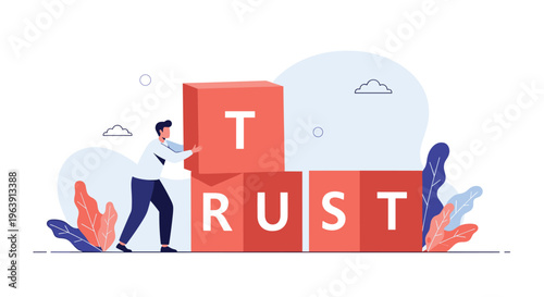 Determined businessman pushing a block to complete the word trust, representing business ethics, relationship building, and integrity.