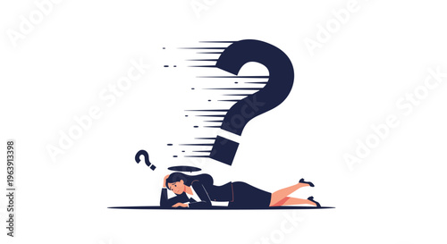 Stressed businesswoman lying on the floor while being crushed by a giant question mark, representing confusion, debt, or overwhelming doubt.