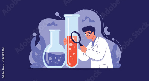 Male scientist in a lab coat examining a test tube with a magnifying glass, representing chemical research, biology, and scientific discovery.