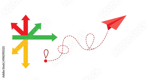 Red paper airplane flying away from a crossroads of colorful arrows, representing finding a unique path and innovative direction in life.