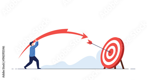 Athletic man throwing a large red arrow like a javelin towards a target bullseye, representing focus, precision, and achieving business goals.