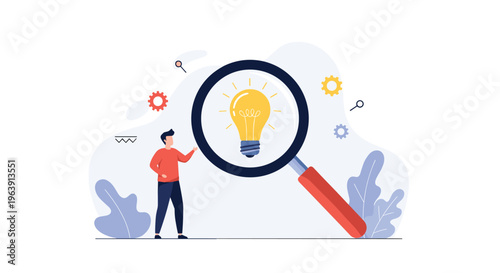Curious man looking at a glowing lightbulb through a magnifying glass with gears, representing finding ideas and creative problem solving.