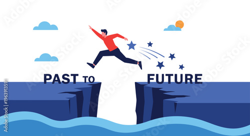 Brave man jumping over a deep chasm from the past to the future with stars trailing behind, representing progress and personal evolution.