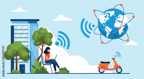 Young woman working on a laptop outside a modern building with wifi icons and a scooter, representing remote work and digital nomad lifestyle.