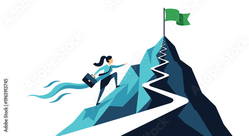 Businesswoman with a briefcase climbing a steep mountain path towards a green flag, representing determination and professional success.