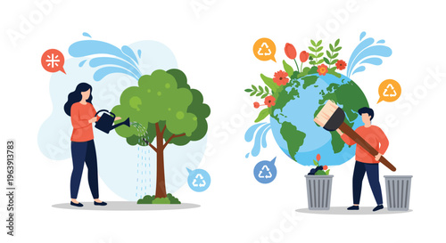 People working together for the environment by watering trees and cleaning the earth, representing global sustainability and eco awareness.
