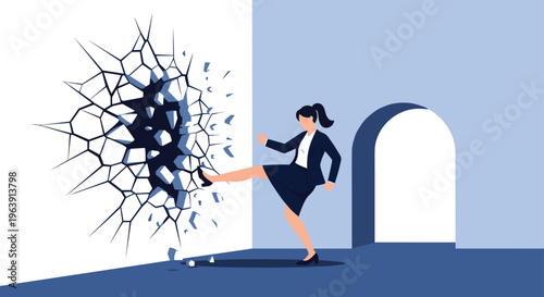 Determined businesswoman kicking and breaking through a brick wall, representing overcoming obstacles and breaking barriers in a career.