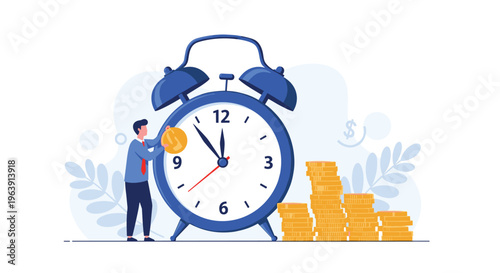 Professional man putting gold coins into a large alarm clock represents the concept of time management and long term financial investment.
