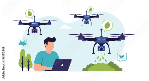 Modern farmer uses a laptop to control multiple agricultural drones for smart monitoring and efficient crop management in a field.