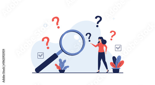 Curious woman using a large magnifying glass to investigate multiple question marks represents search for answers and problem solving.