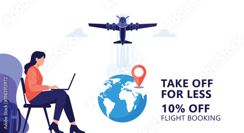 Young woman booking a flight on her laptop next to a globe and plane illustration offers a ten percent discount for travel services.