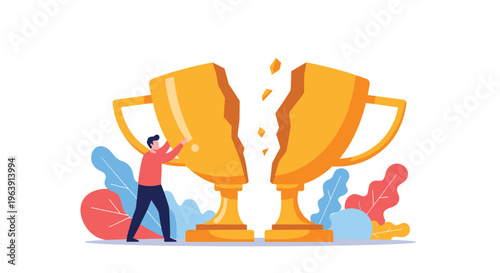 Resilient man attempting to repair a large broken golden trophy cup symbolizes effort to recover from failure and regain lost success.