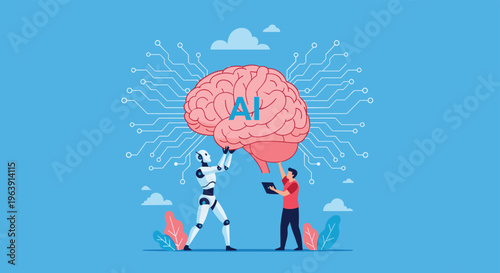 Human and robot working together to support a giant brain representing artificial intelligence highlights synergy between tech and people.