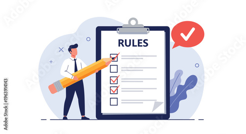 Professional man using a giant pencil to check off items on a rules clipboard symbolizes compliance, order, and regulation in business.