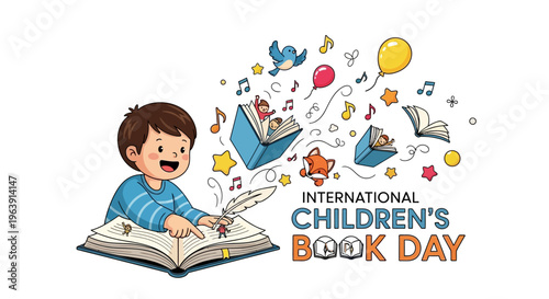 A young boy reading an open book with colorful illustrations and musical notes floating around him on International Children's Book Day.