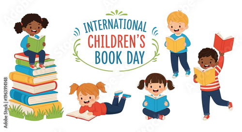 Illustration of children reading and playing on International Children's Book Day with books and reading materials around them in a colorful design.