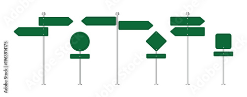 Collection of green road signs. Vector green plate road signs templates for pointing direction. Vector illustration 