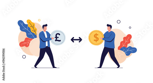 Two professional men exchanging a large pound coin and dollar coin represents international trade and foreign currency exchange operations.