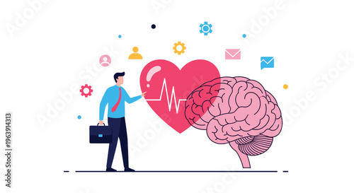 Businessman reflecting on balance between heart and brain emphasizes importance of mental health and emotional intelligence.