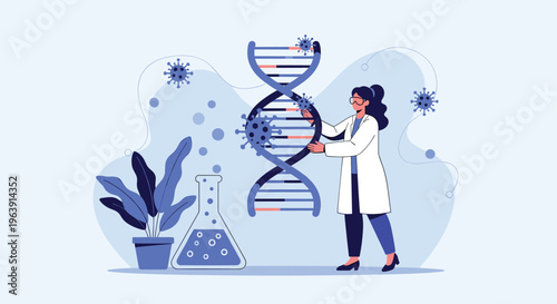 Female scientist in a lab coat studying a large DNA model surrounded by virus icons represents advanced genetic research and virology.