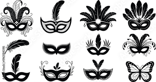 Masquerade mask collection, feather designs, ornate decorations, butterfly mask, black and white artwork, costume party, carnival, theatrical celebration