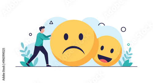 Man pushing away a large sad face icon to reveal a happy smiling face represents the transition from negativity to positive mental state.