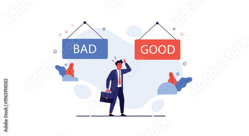 Pensive businessman standing between signs labeled bad and good illustrates the moral dilemmas and critical decisions faced in business.