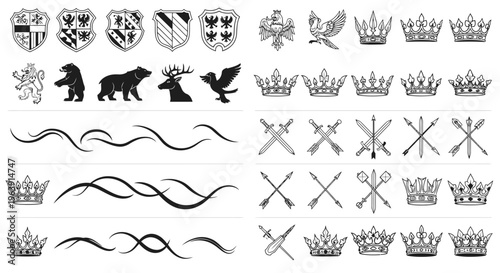 Heraldic symbols and royal crests with shields animals swords and arrows