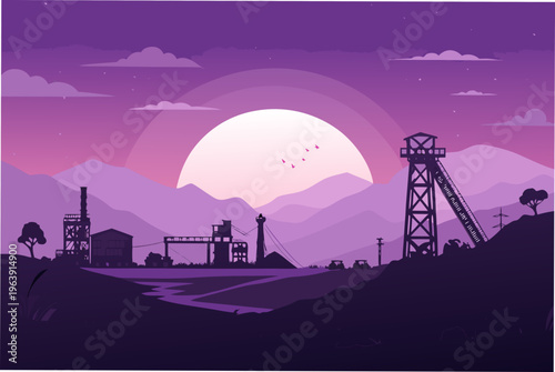 Mining Site Landscape Bold Purple Sunset Gradien Professional Photo Ideal for Marketing