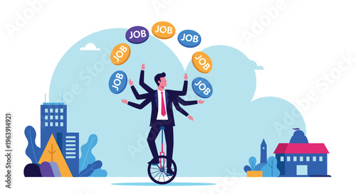 Multitasking man with many arms riding a unicycle while juggling several job icons represents the struggle of balancing multiple work roles.