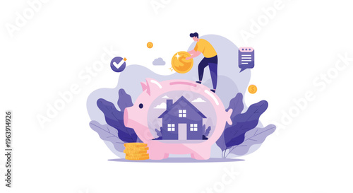 Responsible man putting a gold coin into a large piggy bank with a house icon inside symbolizes saving for real estate and home ownership.