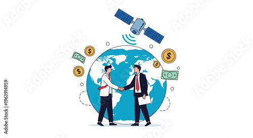 Two professional partners shaking hands in front of a blue globe representing global business collaboration and satellite communication systems.