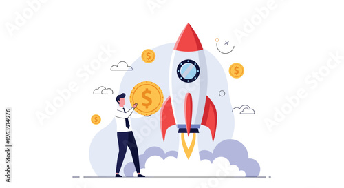 Professional man holding a gold coin next to a launching rocket signifies the heavy financial investment required for a new startup.