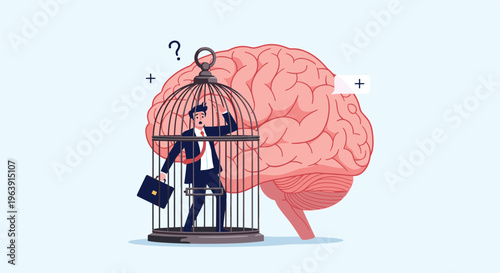 Businessman trapped inside a metal birdcage in front of a giant human brain representing mental blocks or psychological limitations at work.