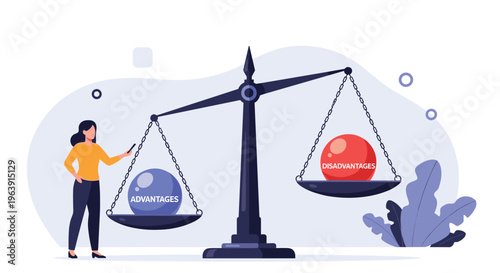 Woman in professional attire standing beside a large balance scale comparing various advantages and disadvantages of a business decision.