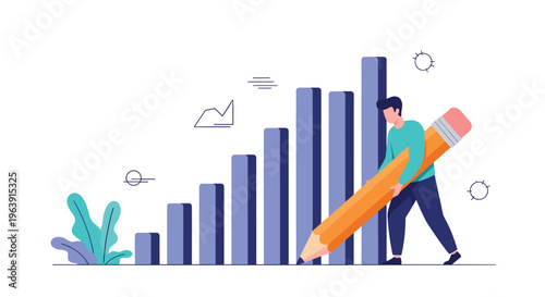 Creative professional using a massive yellow pencil to draw an upward trending bar graph representing business growth and development.