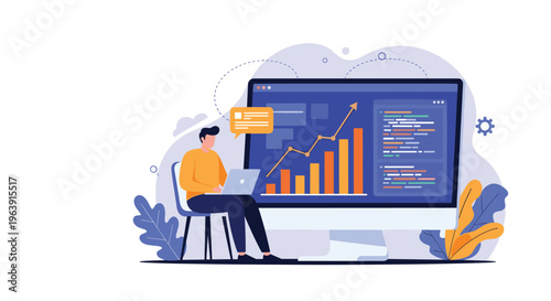 Professional sitting at a desk and coding in front of a large monitor displaying data analytics bar graphs and complex software code.