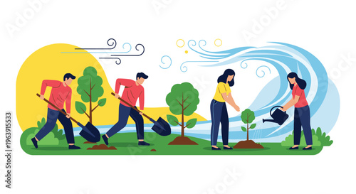 Group of environmental volunteers planting and watering young trees on a sunny day to help protect the earth and combat climate change.