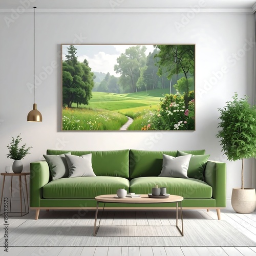 A serene living room with a large landscape painting